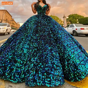 Sequined Ball Gown Prom Dress Real Photos Lace Up Formal Party Dresses Long Women Vestidos De Fiesta Largos Elegantes De Gala