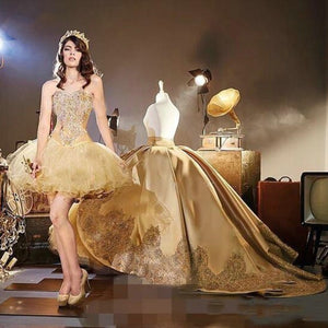 2021 Gold Quinceanera Dresses with Detachable Skirt Lace Appliques Beads Tiered Sweetheart 16 Sweet Party Gowns vestido 15 anos