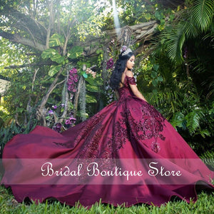 Burgundy Quinceanera Dresses with Sequins Applique Off the Shoulder Sweet 16 Dress vestido de 15 anos 2021 Ball Prom Gowns