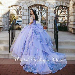 Light Purple Quinceanera Dress 2022 Off The Shoulder Appliques Sequins Bow Princess Sweet 16 Ball Gown Vestidos De 15 Años