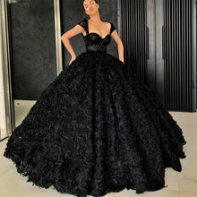 Load image into Gallery viewer, Black Ball Gown Prom Dresses 2021 3D Rose Flowers Sequins Lace Top Dubai Party Gowns Black Girl Quinceanera Dress
