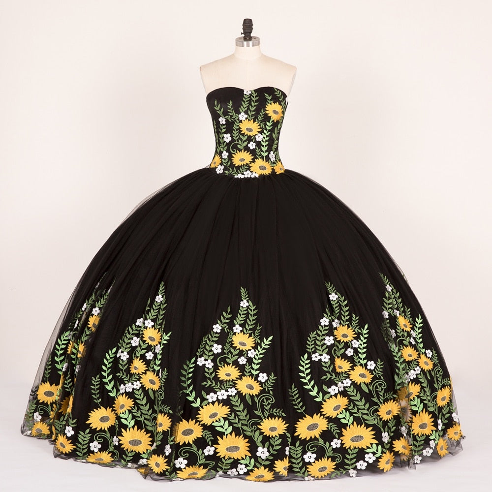 2023 Charro Mexico Sunflower Embroidery Quinceanera Dresses Princess Ball Gown Sweet 15 Dress Custom Size