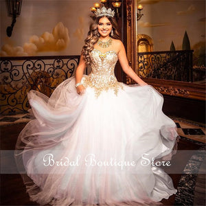 White Quinceanera Dress Corset Back Sweetheart Gold Crystal Beaded vestidos de 15 años 2021 Sweet 16 Gowns