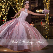 Load image into Gallery viewer, Lovely Ball Gown Quinceanera Dresses 2021 Halter Lace Applique Beading Crystal Puffy Skirt Girls Birthday Party Pageant Dress
