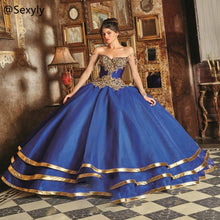 Load image into Gallery viewer, Vintage Blue Mexican Quinceanera Dresses With Crystal Lace Princess Ball Gown Sweet 15 Dress 2021 Tiered Gold Corset Prom Dress
