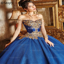 Load image into Gallery viewer, Vintage Blue Mexican Quinceanera Dresses With Crystal Lace Princess Ball Gown Sweet 15 Dress 2021 Tiered Gold Corset Prom Dress
