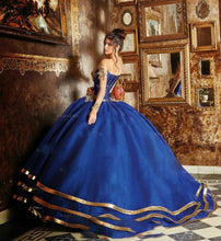 Load image into Gallery viewer, Vintage Blue Mexican Quinceanera Dresses With Crystal Lace Princess Ball Gown Sweet 15 Dress 2021 Tiered Gold Corset Prom Dress
