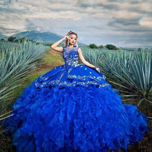 Load image into Gallery viewer, Royal Blue Embroidered Lace Quinceanera Dress Sheer Scoop Neck vestidos de quinceañera Organza Skirt Sweet 16 Dress Vestidos
