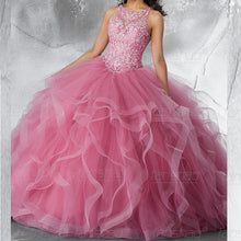 Load image into Gallery viewer, Pink Ball Quinceanera Dresses Slilver Appliques Beading Sequin Tiered Stylish Sleeveless Scoop Neck Vestido De Fiesta Lace Up
