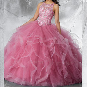 Pink Ball Quinceanera Dresses Slilver Appliques Beading Sequin Tiered Stylish Sleeveless Scoop Neck Vestido De Fiesta Lace Up