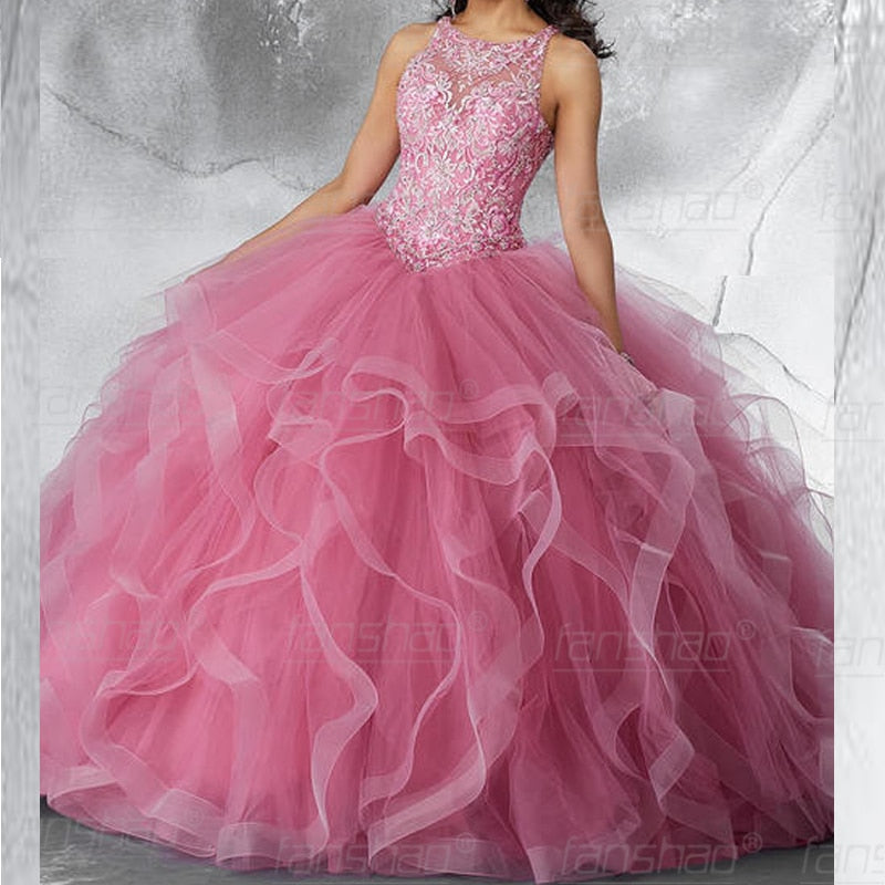 Pink Ball Quinceanera Dresses Slilver Appliques Beading Sequin Tiered Stylish Sleeveless Scoop Neck Vestido De Fiesta Lace Up