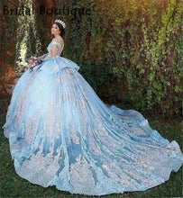 Load image into Gallery viewer, 2021 Ball Gown Lace Quinceanera Dresses Sky Blue 15 Sweet 16 Puffy Quinceanera Gown Prom Dresses for 15 Years Long Sleeve
