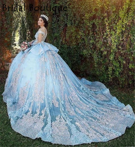 2021 Ball Gown Lace Quinceanera Dresses Sky Blue 15 Sweet 16 Puffy Quinceanera Gown Prom Dresses for 15 Years Long Sleeve