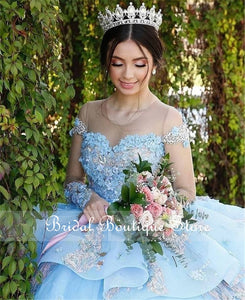 2021 Ball Gown Lace Quinceanera Dresses Sky Blue 15 Sweet 16 Puffy Quinceanera Gown Prom Dresses for 15 Years Long Sleeve