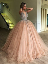 Load image into Gallery viewer, Bling Ball Gown Gold Quinceanera Dresses Rhinestone Puffy Tulle Prom Dress Elegant V Neck Sweet 15 Year Old Party Wear 2022
