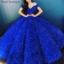 Load image into Gallery viewer, Sparkly Royal Blue Quinceanera Dress 2021 Elegant Off Shoulder Sequin Ruffle Corset Puffy Ball Gown Prom Dress Luxury Arab Style
