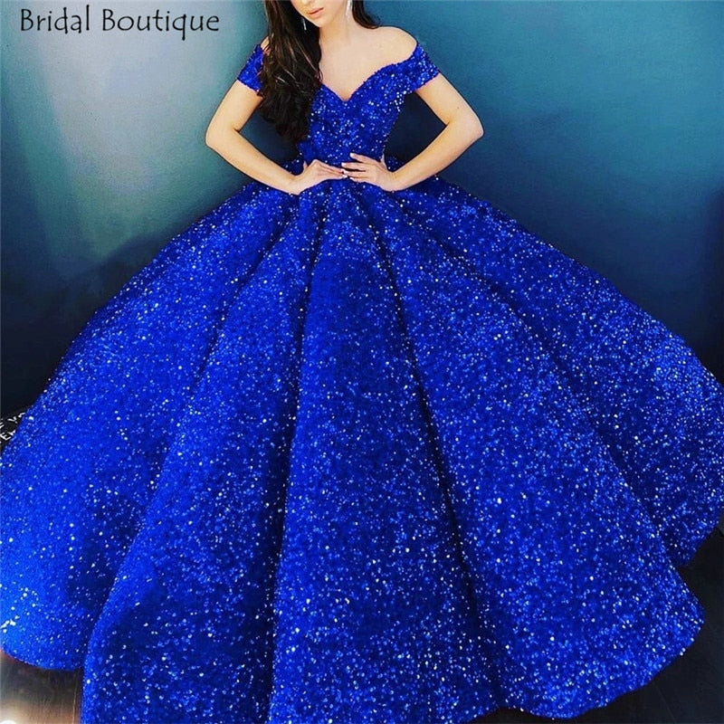 Sparkly Royal Blue Quinceanera Dress 2021 Elegant Off Shoulder Sequin Ruffle Corset Puffy Ball Gown Prom Dress Luxury Arab Style