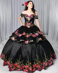 2021 Black Quinceanera Dresses Charro Detachable Skirt Floral Embroidered Off The Shoulder Sweet 16 Dress Mexican Theme