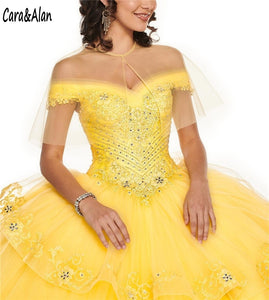 Yellow Quinceanera Dresses with Wrap Lace Appliques Off the Shoulder Charro Sweet 16 Dress Beading vestidos de 15 años