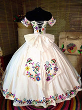 Load image into Gallery viewer, Mexican Charro Quinceanera Dresses Theme Colorful Embroidered Off The Shoulder Satin Lace-up Ball Gown Sweet 16 Vestidos 15 Anos
