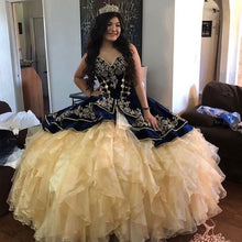 Load image into Gallery viewer, Ball Gown Burgundy And Gold Quinceanera Dresses Charro Vintage Off The Shoulder Organza Ruffles Tiered Sweet 16 Dress Prom Gown
