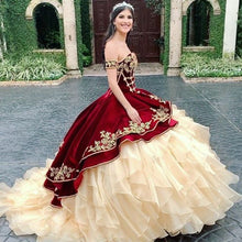 Load image into Gallery viewer, Ball Gown Burgundy And Gold Quinceanera Dresses Charro Vintage Off The Shoulder Organza Ruffles Tiered Sweet 16 Dress Prom Gown
