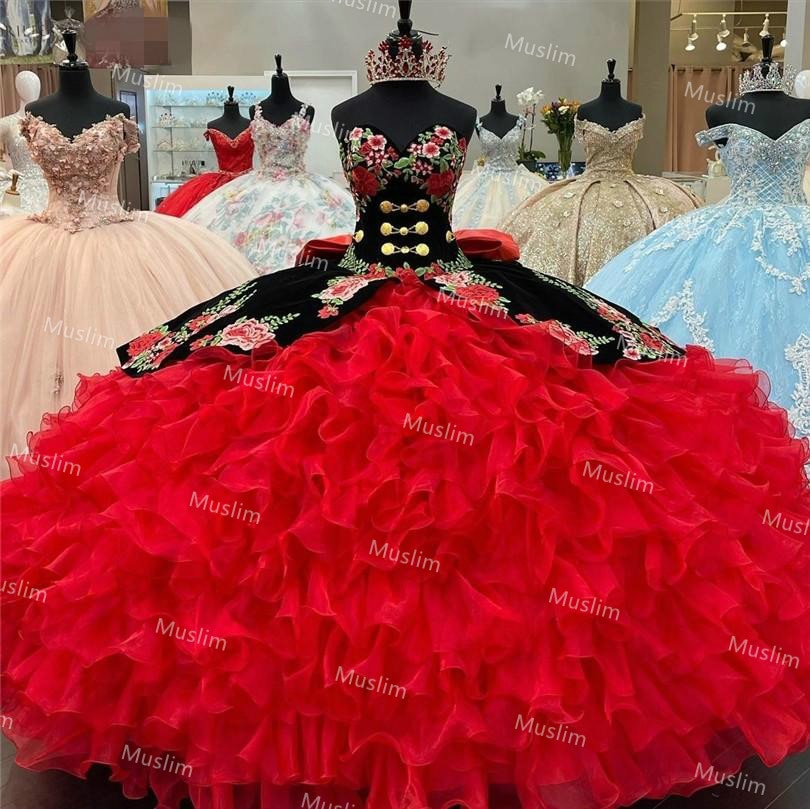 Charming Red And Black Charro Quinceanera Dresse 2021Puffy Sweetheart Embroidery Lace Up Ball Gown Sweet 15 Dress Heavy Manuall