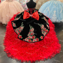 Load image into Gallery viewer, Charming Red And Black Charro Quinceanera Dresse 2021Puffy Sweetheart Embroidery Lace Up Ball Gown Sweet 15 Dress Heavy Manuall
