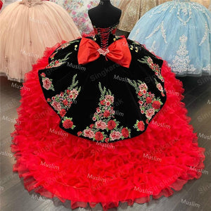 Charming Red And Black Charro Quinceanera Dresse 2021Puffy Sweetheart Embroidery Lace Up Ball Gown Sweet 15 Dress Heavy Manuall