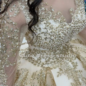 Sparkle Vestidos De 15 Años Gold Sequin Quinceanera Dresses Long Sleeves Beading Charro Mexican Sweet 16 Gowns Court Train