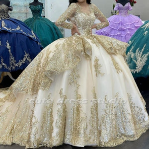 Sparkle Vestidos De 15 Años Gold Sequin Quinceanera Dresses Long Sleeves Beading Charro Mexican Sweet 16 Gowns Court Train