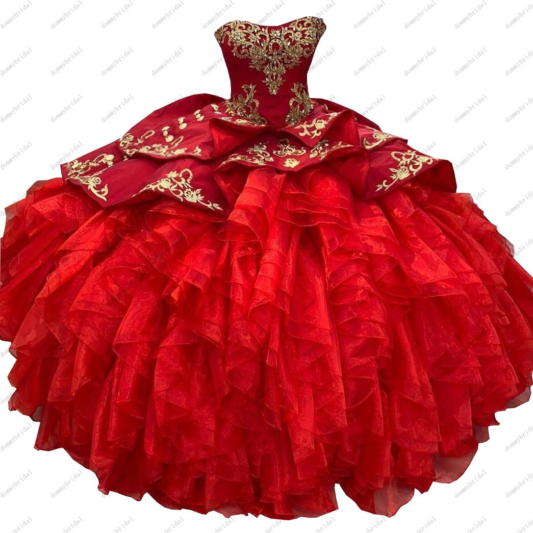 Amazing Gold Embroidery Red Long Cheap Quinceanera Party Dresses Ruffles 2022 Vestidos De 15 Anos Sweet 16 Puffy Mexican Charro