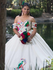 Cara&Alan Charro Embroidery Quinceanera Dresses Off the Shoulder Vestido De XV Años 2021 Sweet 16 Prom Gowns