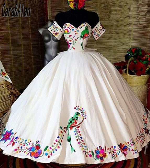 Cara&Alan Charro Embroidery Quinceanera Dresses Off the Shoulder Vestido De XV Años 2021 Sweet 16 Prom Gowns