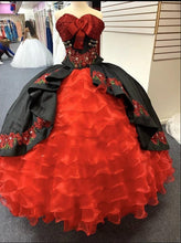 Load image into Gallery viewer, Black and Red Floral Flowers Quinceanera Dresses Mexican Charro Sweetheart Beaded Crystal Satin Vestido de Sweet 15 Ball Gown
