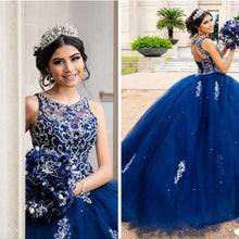 Load image into Gallery viewer, Gorgeous Vestidos De 15 Años Beaded Crystals Blue Quinceanera Dresses Backless Tulle Charro Mexican Ball Gown Sweet 16 Dress
