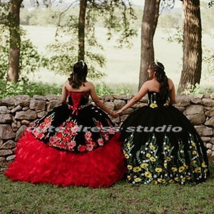 Charro Vestidos De XV Años Quinceanera Dresses Floral Embroidery Sweetheart Black Mexican Girls Birthday Sweet 15 Gowns