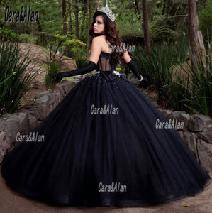 Elegant Corset Black Quinceanera Dresses Beading Sweetheart Charro Vestidos De XV Años Tulle Sweet 16 Prom Gowns