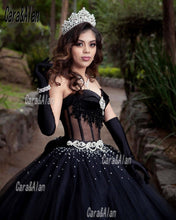 Load image into Gallery viewer, Elegant Corset Black Quinceanera Dresses Beading Sweetheart Charro Vestidos De XV Años Tulle Sweet 16 Prom Gowns
