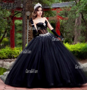 Elegant Corset Black Quinceanera Dresses Beading Sweetheart Charro Vestidos De XV Años Tulle Sweet 16 Prom Gowns