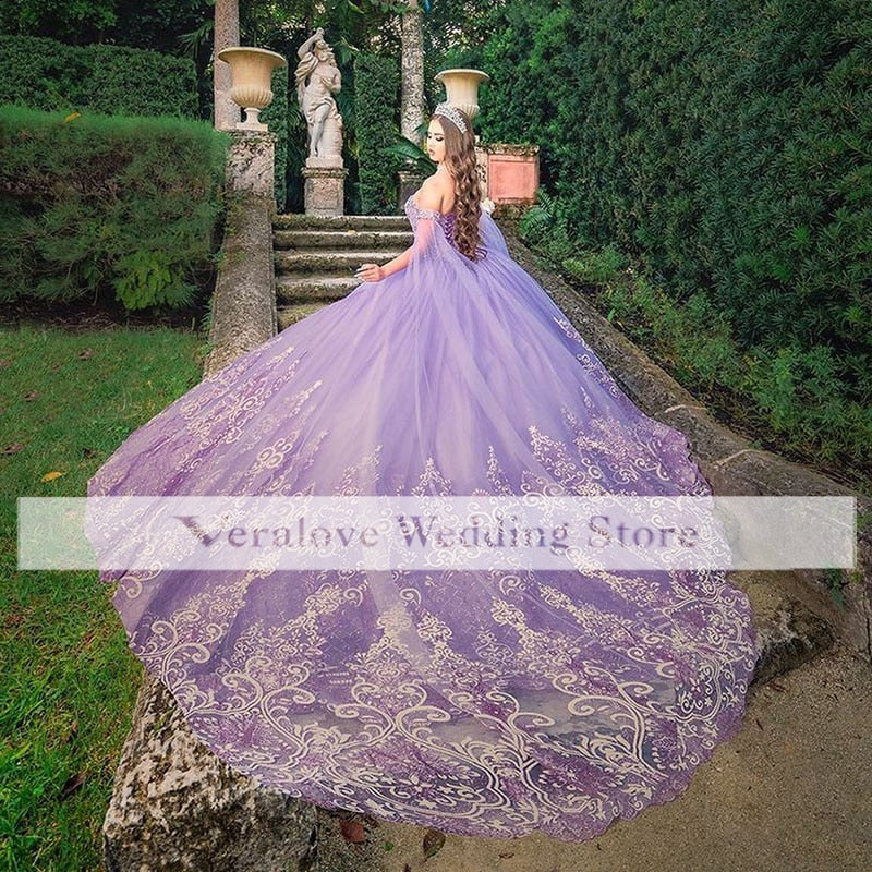 Charro Mexican Vestidos De 15 Años Lilac Quinceanera Dresses With Cape Floral Applqiue Corset Sweet 16 Dress Abiti Da Cerimonia