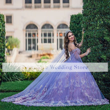 Load image into Gallery viewer, Charro Mexican Vestidos De 15 Años Lilac Quinceanera Dresses With Cape Floral Applqiue Corset Sweet 16 Dress Abiti Da Cerimonia
