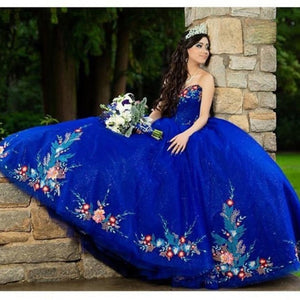 Royal Blue Mexcian Quinceanera Dress Charro Floral Lace Off The Shoulder Ball Gowns Prom Dress Ball Gowns Prom Party Vestidos