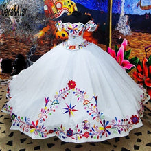Load image into Gallery viewer, Cara&amp;Alan Mexican Girls Quinceanera Dresses Embroidery Charro Vestido De 15 Años 2021 Off the Shoulder Sweet 16 Prom Gowns
