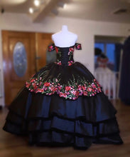 Load image into Gallery viewer, 2021 Vintage Black Mexican Quinceanera Dresses Sweet 16 Dress Charro Flower Embroidered Satin Off The Shoulder Party Gowns
