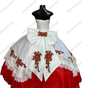 2022 Modest Red and White Ball Gown Mexican Charro Quinceanera Dresses Gold Embroidery Big Bows Floral Flowers Lace XV Cheap