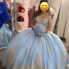 Load image into Gallery viewer, Baby Blue Ball Gown Quinceanera Prom Dresses Off the Shoulder with Sleeves Sweet 15 16 Mexican Charro Ve Birthday Party Gowns
