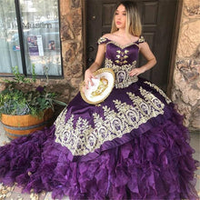 Load image into Gallery viewer, Mexcian Charro Purple Quinceanera Dresses Damas 202 Organza Satin Gold Applique Off The Shoulder Sweet 16 Dress Ball Gown Prom
