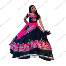 Load image into Gallery viewer, Amazing Hot Pink 3D Floral Flowers Ribbon Black Quinceanera Prom Dresses 2022 Mexican Charro Off Shoulders Satin Party Formal
