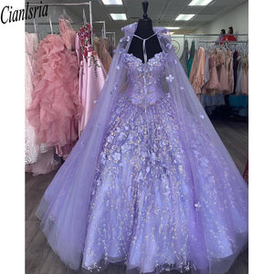 Mexican Vestido De 15 Anos Lilac Charro Quinceanera Dresses with Cloak Lace Applqiued Corset Sweet 16 Dress Abiti Da Cerimonia